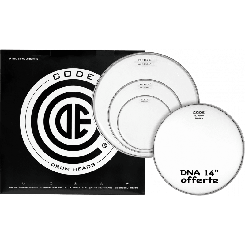 Code Drumheads TPDNACLRR - Pack peaux 10" 12" 16" transparentes Rock +  snare DNA sablée 14"