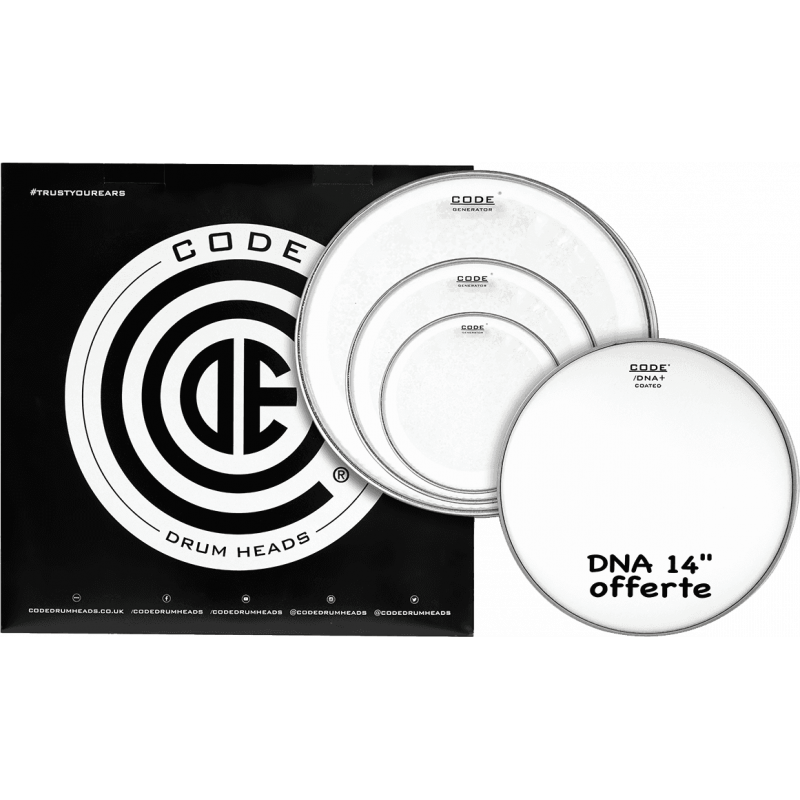 Code Drumheads TPGENCLRR - Pack peaux 10" 12" 16" Generator transparentes Rock + snare DNA sablée 14"