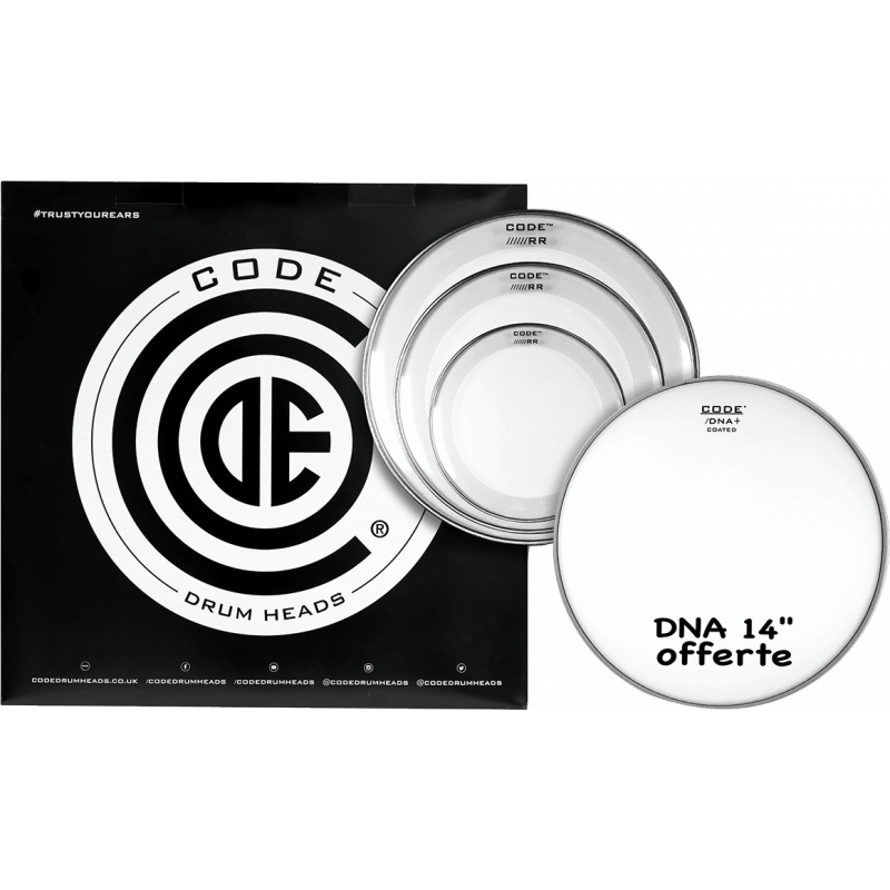 Code Drumheads TPRRCLRF - Pack peaux 10" 12" 14" transparentes Fusion + DNA sablée 14"