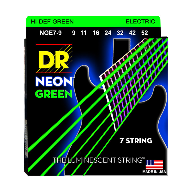 DR NGE7-9 - Hi-Def Neon - Green, jeu guitare électrique, 7 cordes Light 9-52