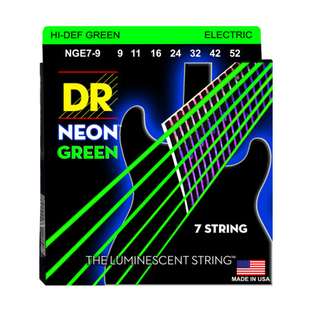 DR NGE7-9 - Hi-Def Neon - Green, jeu guitare électrique, 7 cordes Light 9-52