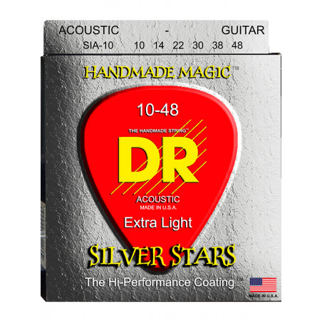 DR SIA-10 - Silver Stars - Silver plated & Clear Coated, jeu guitare acoustique, Extra Light 10-48