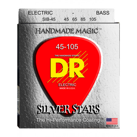 DR SIB-45 - Silver Stars - Silver plated & Clear Coated, jeu guitare basse, Medium 45-105