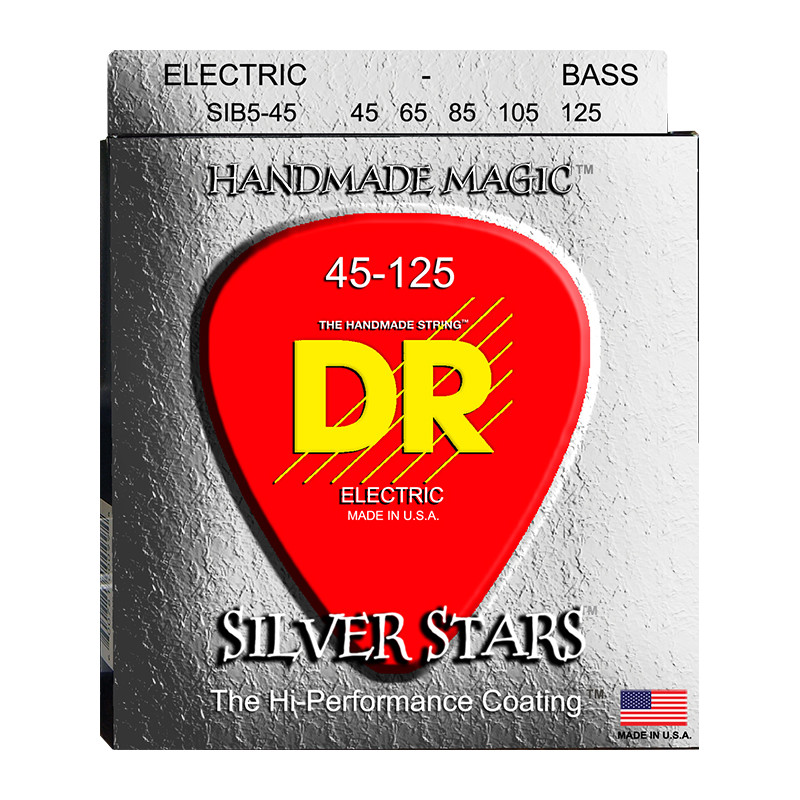 DR SIB5-45 - Silver Stars - Silver plated & Clear Coated, jeu guitare basse, 5 cordes Medium 45-125