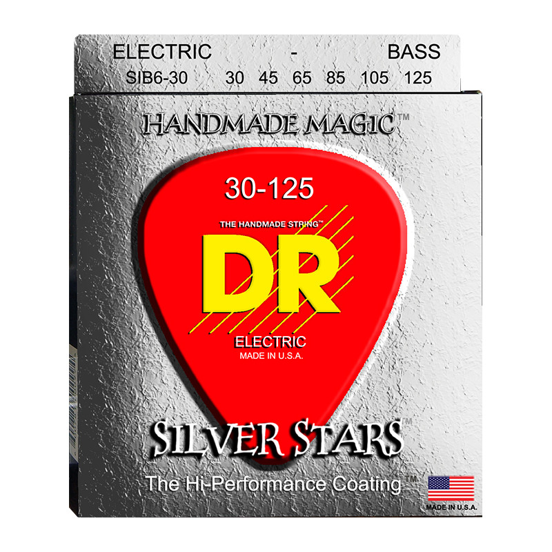 DR SIB6-30 - Silver Stars - Silver plated & Clear Coated, jeu guitare basse, 6 cordes Medium 30-125