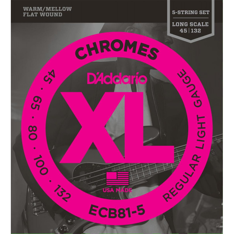 D'Addario ECB81-5 Chromes Soft 45-132 - Jeu de cordes guitare basse 5 cordes filet plat