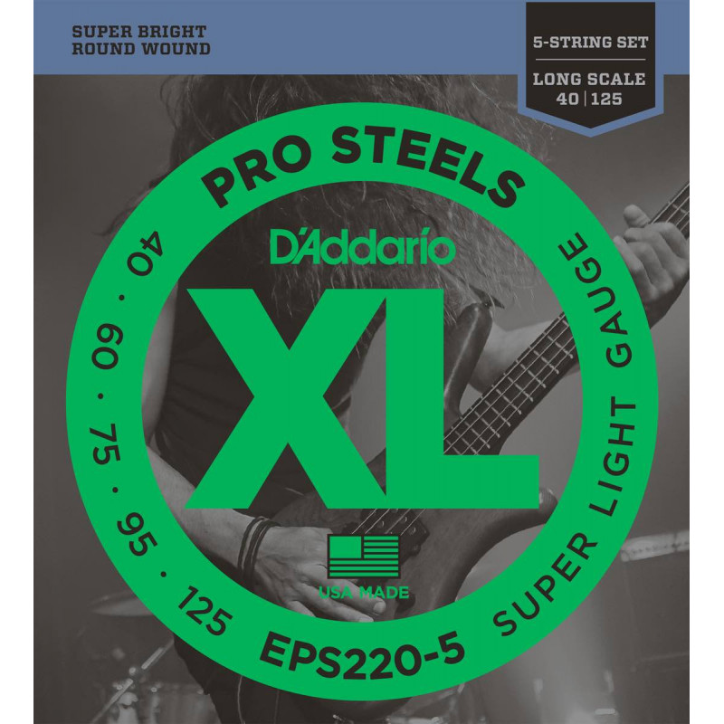 Jeu de cordes basse électrique 5 cordes D'addario Prosteels 45-125 Long - EPS220-5