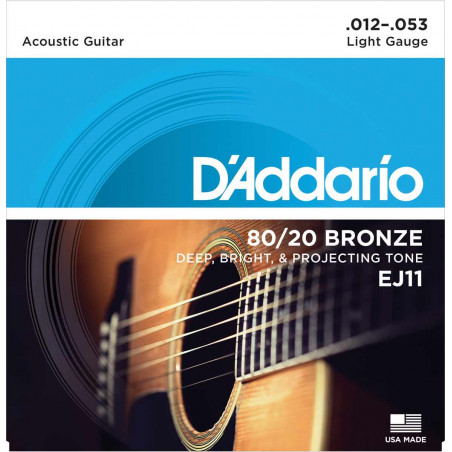 Jeu de cordes guitare acoustique D'Addario EJ11 light 80/20 Bronze 12-53