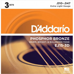 3 Jeux de cordes pour Guitare acoustique D'Addario P-Bronze Extra-Light 10-47 - EJ15-3D