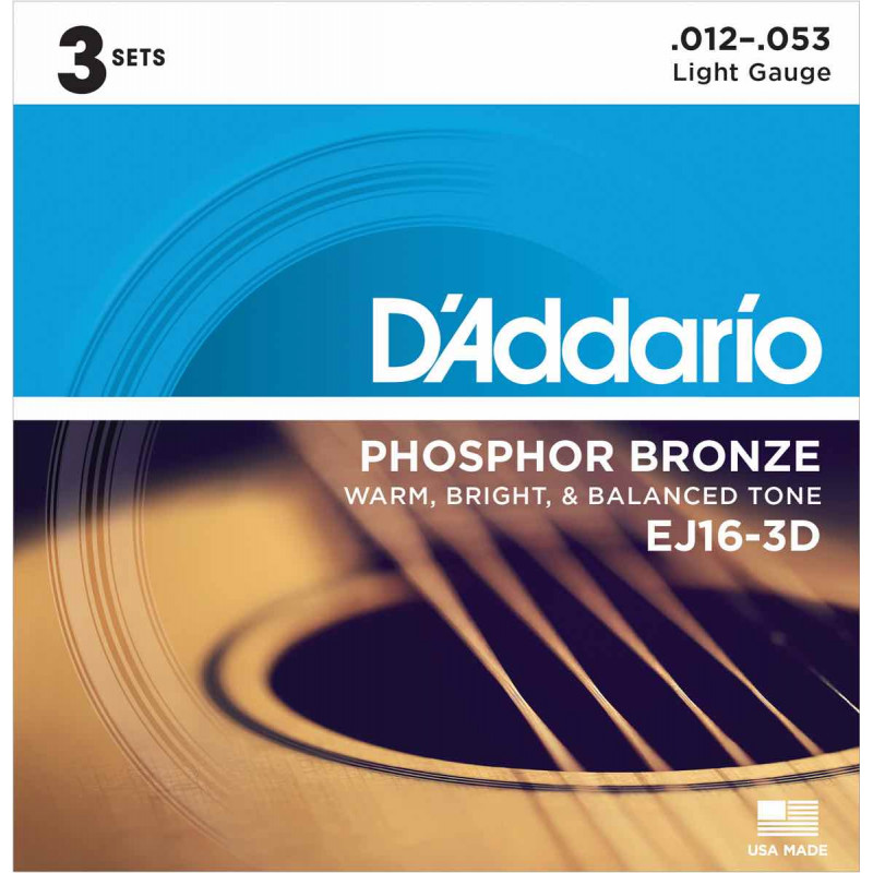 3 Jeux de cordes pour guitare folk D'addario P-Bronze Light 12-53 - EJ16-3D  I Boutikazik