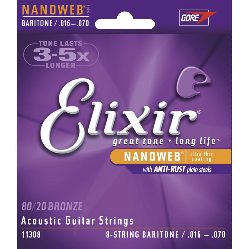 Elixir 11308 Nanoweb - Jeu de cordes guitare Bariton 8 cordes 16-70