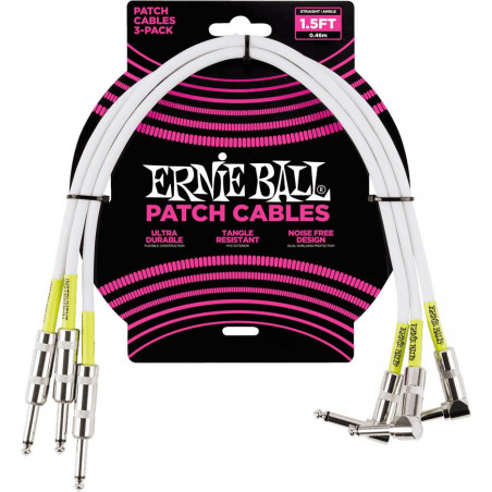 Ernie Ball 6056 - 3 câbles patchs droits-coudés blancs - 46cm