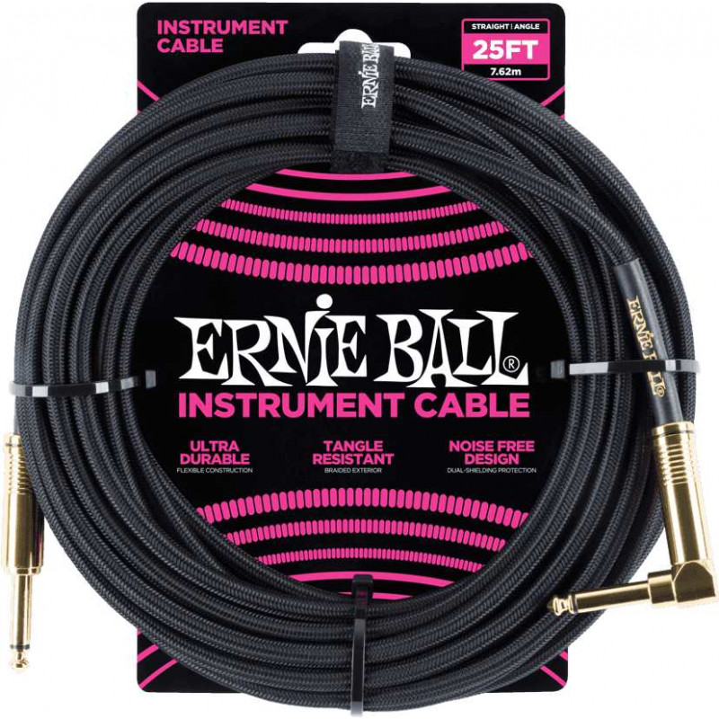 Ernie Ball 6058 - Câble gaine tissée noire jack-jack coudé - 7.62m