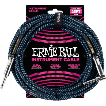 Ernie Ball 6060 - Câble gaine tissée noire et bleue jack-jack coudé - 7.62m