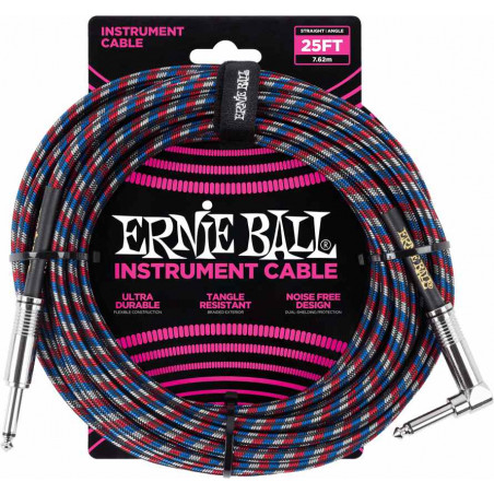 Ernie Ball 6063 - Câble gaine tissée 4 couleurs jack-jack coudé - 7.62m