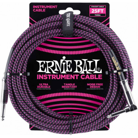 Ernie Ball 6068 - Câble gaine tissée noire et violette jack-jack coudé - 7.62m