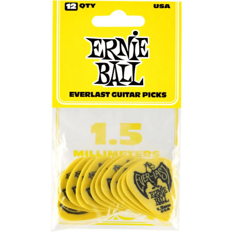 Ernie Ball 9195 - Sachet de 12 médiators Everlast jaune - 1.50mm