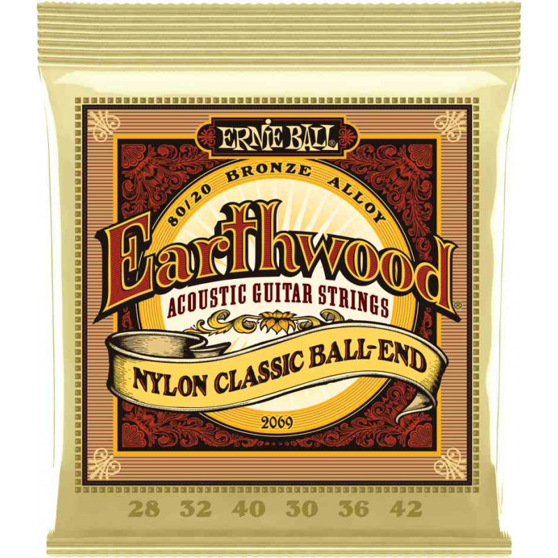 Ernie Ball 2069 - Jeu de cordes guitare folk nylon à boule - Earthwood 80/20 Bronze - 28-42