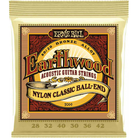 Ernie Ball 2069 - Jeu de cordes guitare folk nylon à boule - Earthwood 80/20 Bronze - 28-42