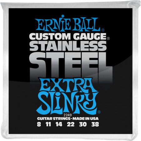Ernie Ball 2249 - Jeu de cordes guitare électrique - Stainless Steel - Extra Slinky 8-38