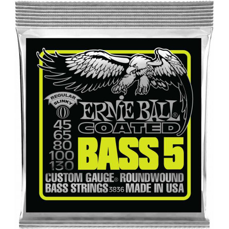 Ernie Ball 3836 - Jeu de 5 cordes basse - Slinky Coated - Regular Slinky 45-130