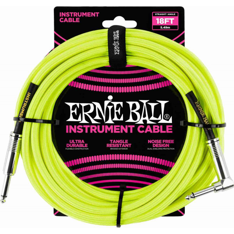 Ernie Ball 6085 - Câble jaune fluo jack-jack coudé - 5,5m