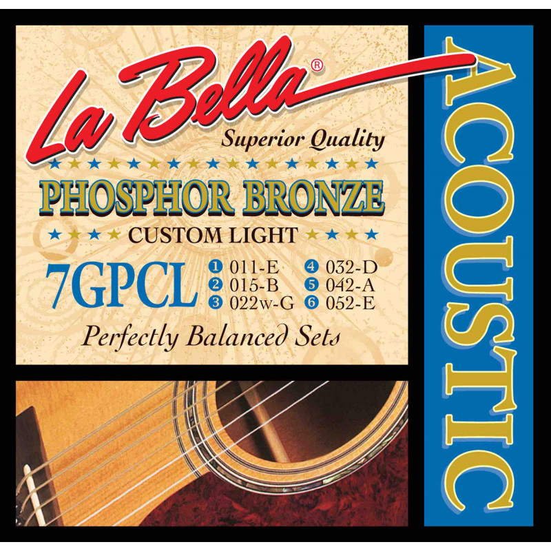 Labella 7GPCL - Jeu de cordes guitare acoustique Phosphor Bronze - Custom Light 11-52