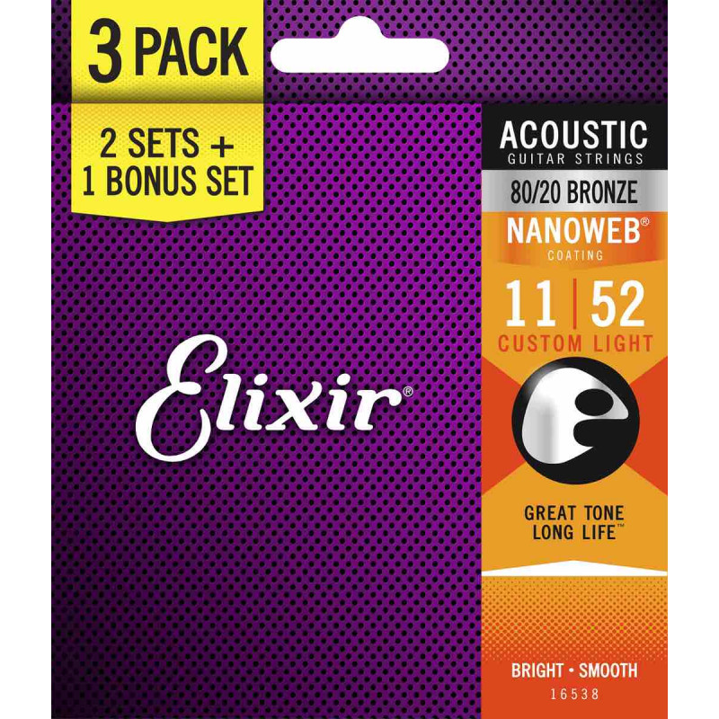 Elixir Nanoweb 16538 - Pack de 3 jeux de cordes acoustiques - Custom Light 11-52