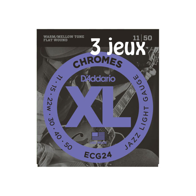 D'Addario Chromes ECG24-3D, filets plats, Jazz Light, 11-50, 3 jeux - Jeu guitare électrique
