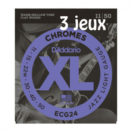 D'Addario Chromes ECG24-3D, filets plats, Jazz Light, 11-50, 3 jeux - Jeu guitare électrique