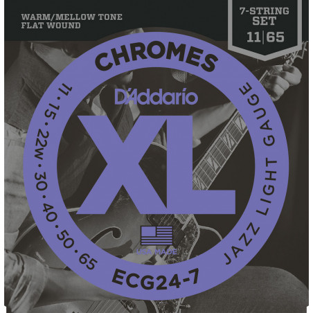 D'Addario Chromes ECG24-7, Jazz Light, 11-65 - filet plat - Jeu guitare électrique 7 cordes