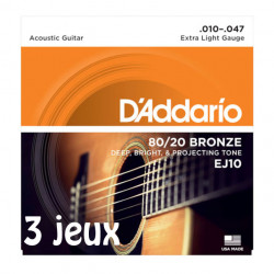 D'Addario EJ10-3D bronze Extra Light, 10-47, 3 jeux - jeu guitare acoustique