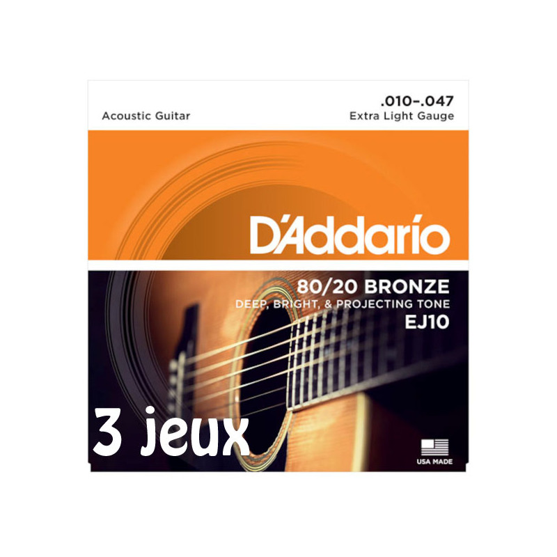 D'Addario EJ10-3D bronze Extra Light, 10-47, 3 jeux - jeu guitare acoustique