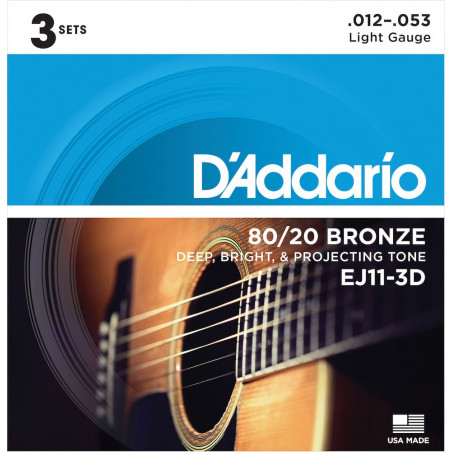 D'Addario EJ11-3D bronze 80/20 Light, 12-53 (3 jeux) - jeu guitare acoustique