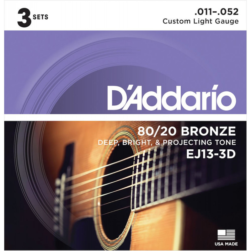 D'Addario EJ13-3D bronze 80/20 Custom Light, 11-52 (3 jeux) - jeu guitare acoustique