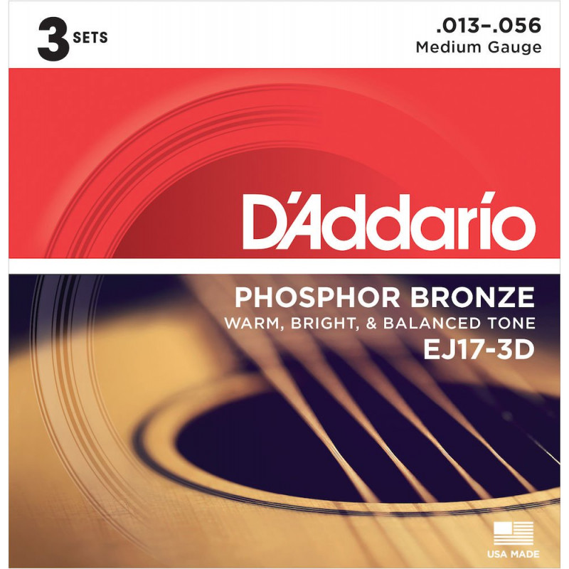 D'Addario EJ17-3D Medium 13-56 3 jeux - phosphore bronze - jeu guitare acoustique