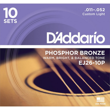 D'Addario EJ26-10P Custom Light 11-52 10 jeux - phosphore bronze - jeu guitare acoustique