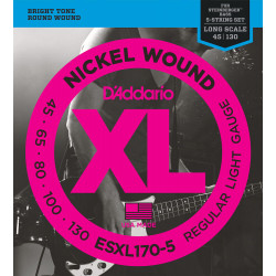 D'Addario ESXL170-5 Long Scale Nickel Surface douce - 45-130 Regular light - jeu guitare basse 5 cordes