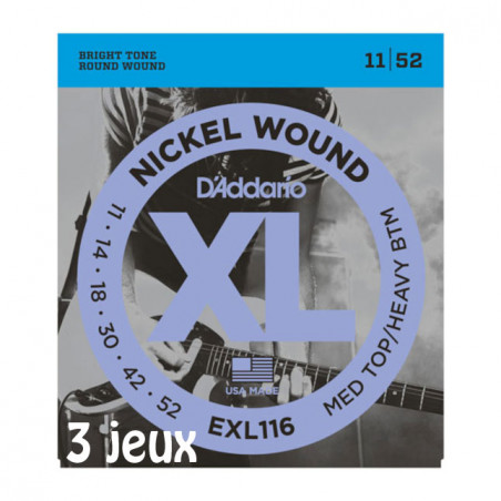 D'Addario EXL116-3D, filets en nickel, aiguës Medium/graves Heavy, 11-52, 3 jeux - Jeu guitare électrique