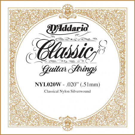 D'Addario NYL020W, .020 - Corde au détail – cuivre plaqué argent – guitare classique