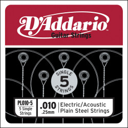 D'Addario PL010-5, .010 - Pack de 5 Cordes au détail acier pur – guitare