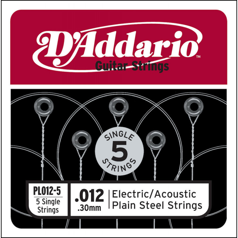 D'Addario PL012-5, .012 - Pack de 5 Cordes au détail acier pur – guitare