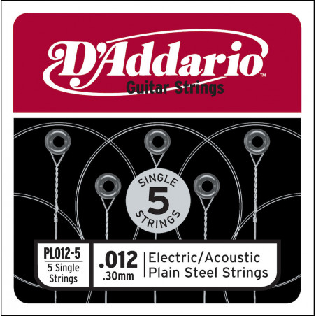 D'Addario PL012-5, .012 - Pack de 5 Cordes au détail acier pur – guitare