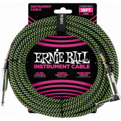 Ernie Ball 6082 - Câble gaine tissée noir et vert jack-jack coudé - 5,5m