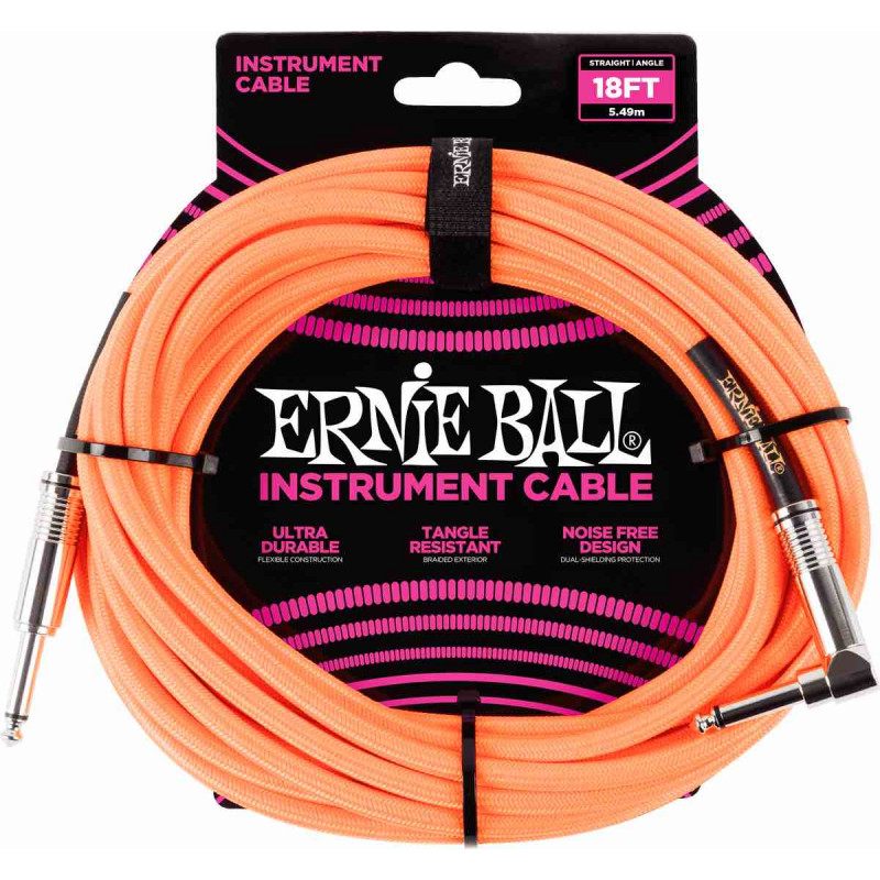 Ernie Ball 6084 - Câble gaine tissée orange fluo jack-jack coudé - 5,5m