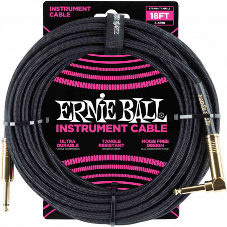 Ernie Ball 6082 - Câble gaine tissée noir jack-jack coudé - 5,5m