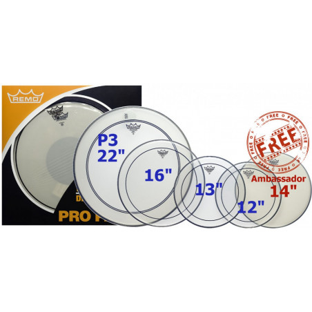 Remo PP-0270-PS - ProPack Pinstripe transparente 12", 13", 16", P3 Ambassador 22" + BA - 0114-14