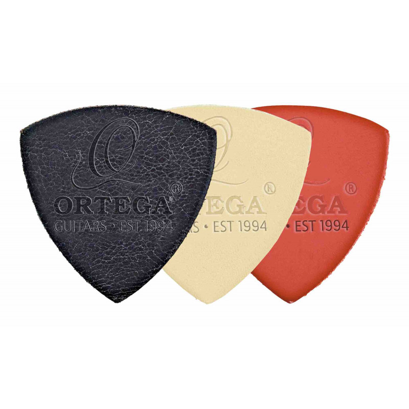 Ortega UKEPICK-ASS - Set de 3 médiators en cuir - Noir, blanc et rouge