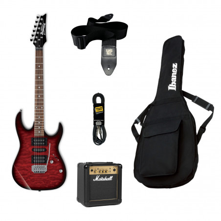 Pack guitare Électrique Ibanez GRX70 Transparent Red burst - Guitare + housse + ampli