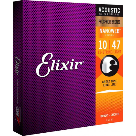 Elixir 16152 phosphore bronze - Jeu de cordes guitare acoustique 12 cordes 10-47